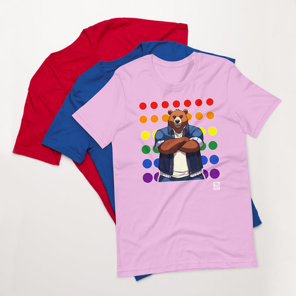 Gay Pride Bear on Rainbow Dots t-shirt