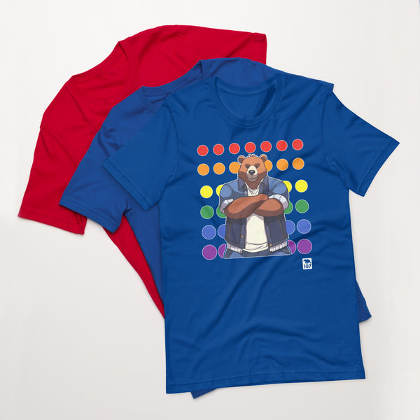 Gay Pride Bear on Rainbow Dots t-shirt